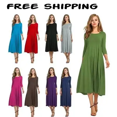 Women Ladies Long Sleeve Plains Long Maxi Dress Casual Swing Skater Midi Dress N • $16.59