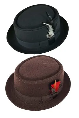 Different Touch Men's Wool Felt Round Top Pork Pie Short Brim Hats W/Feather • $24.99