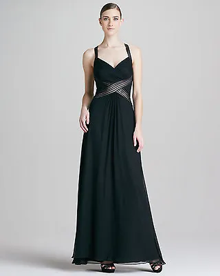 AIDAN MATTOX ~ Black Silk Chiffon Illusion Crosswaist Formal Gown 14 NEW $395 • $68.99