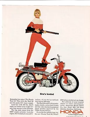 Orange Honda Trail 55 Motorcycle 1964 Print Ad~Sexy Blonde With Gun She's Loaded • $13.99