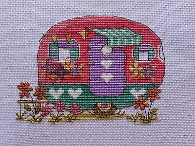 Cute Pink Girly Caravan Camping Handmade Completed Cross Stitched  Picture • £15