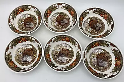 Queen's Harvest Bounty Cereal Bowls 6 1/2  Turkey England Set 6 Thanksgiving • $39.50