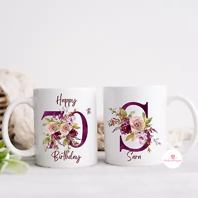 Personalised 70th Birthday Mug Floral Name Coffee Cup For Mum Friend Sister • £13