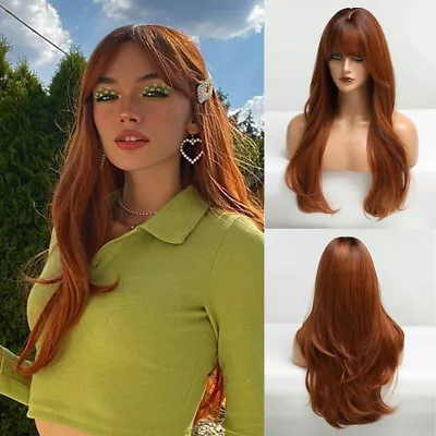Orange Long Natural Wavy Wigs Honey Brown For Women With Bangs Daily Fanshion US • $17.65
