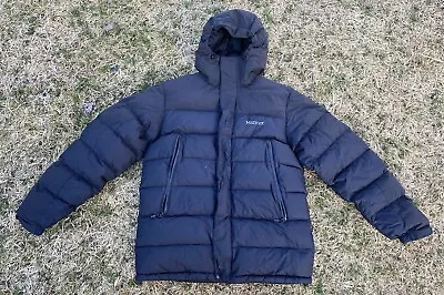 Marmot Coat Hooded Mens Medium Full Zip Puffer Jacket 700 Down Fill Blk • $99.98