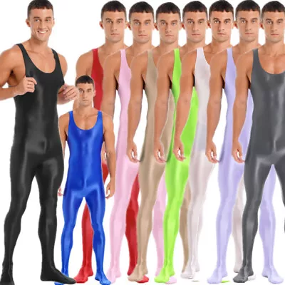 Mens Glossy Bodysuit Sleeveless Footed Bodystocking Jumpsuit Swimwear Sportswear • $13.43