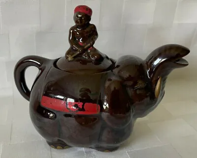 Vintage Ceramic Brown Elephant Mini 4  Teapot Creamer W/ Blackamoor Man Rider  • $11.04