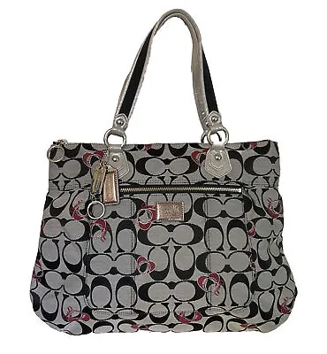 COACH Poppy CC Signature Hearts Glam Gray Black Canvas Large Shoulder Tote Bag • $100