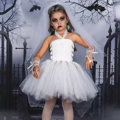 Zombie Bride Fancy Dress Ghost Costume Kid Girls Halloween Tulle Tutu Dress • £14.94