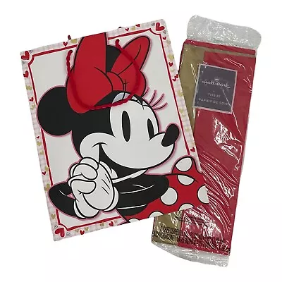 Disney Hallmark Minnie Mouse Gift Bag & Red Gold Tissue Paper Set Hearts Love • $12