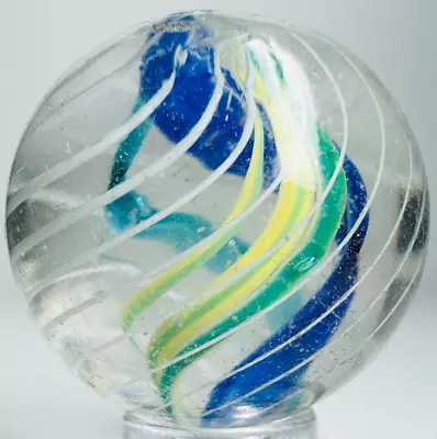 .92  Antique German Caged Divided Core Twisted Blue Yellow Ribbon Swirl Marble • $74.95