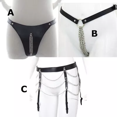 Women Black G-String Chain Cut Out Underwear Gothic Knickers Suspender Clips UK • £8.99