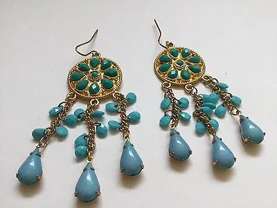 Egyptian Revival Style Earrings Chandelier Blue Turquoise Colour Drops Gold Tone • £12.99