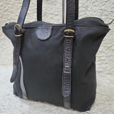 IL BISONTE Tote Bag Leather Nylon Canvas All Black Leather 24×33×12×70cm • $150.18