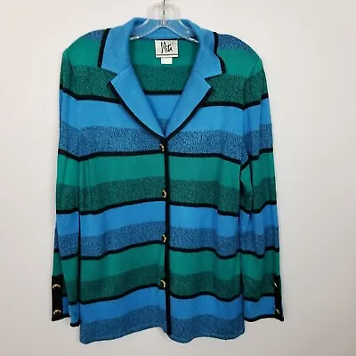 MITA Horizontal Stripe Button Up Cardigan Sweater Jacket Blue Green Size 14 • $26.96