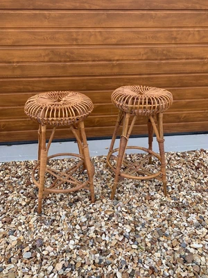£120 • Buy Mid Century Franco Albini Bamboo Cane Wicker Bar Stools Vintage Boho 1960s Tiki