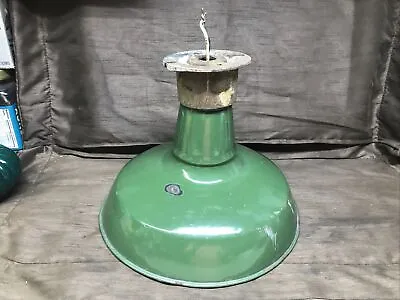 Vintage 12” Green Metal Porcelain Light Shade Industrial Gas Station • $64.99