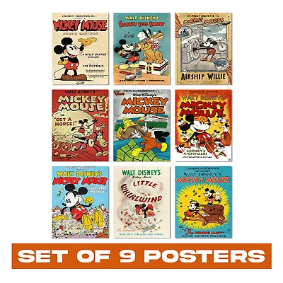 Mickey Mouse Wall Decor Posters Set Of 9 - Retro Room Decor Disney Wall Art • £18.99