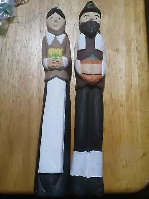Vintage Hand Carved/Painted Thanksgiving Pilgrim Couple • $21.99