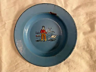 Antique Enamelware Made In Germany Boy Feeding Goose / Windmill Plate 8  • $20