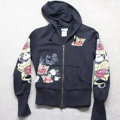 Disney Parks Mickey Mouse Hoodie Rose Tattoo Womens Sz Small Black Zip Up Jacket • $29.95