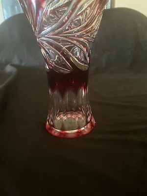 Czech Red Crystal Vase 8  Tall 5  Diameter At Top Leaf Motif • $30