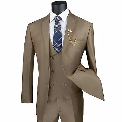 VINCI Men's Khaki Birdseye 3 Piece Modern Fit Suit W/ Contrast Trim NEW • $130