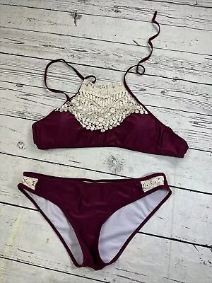 CUPSHE Bikini Two PieceSet Medium Swimsuit Halter Top Burgundy Ivory Crochet • $11.73