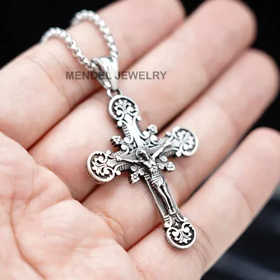 MENDEL Mens Stainless Steel Jesus Christ Crucifix Cross Pendant Necklace For Men • $11.99