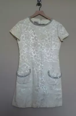 Vintage Leslie Fay Sheath Dress Size Medium Cream Brocade Womens Vtg Embellished • $49.99