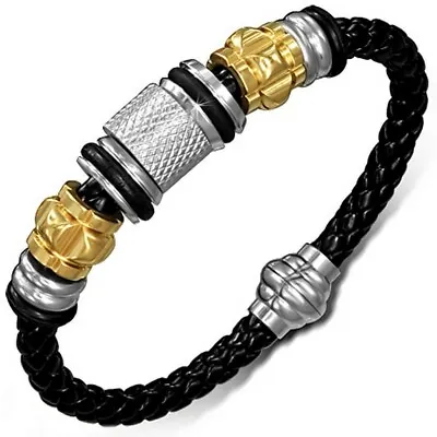 Stainless Steel Black Braided Faux PU Leather Two-Tone Mens Wristband Bracelet • $19.99