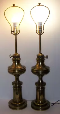 Pair Of Vintage Stiffel Heavy Brass Table Lamps 34  From Base To Finial • $130