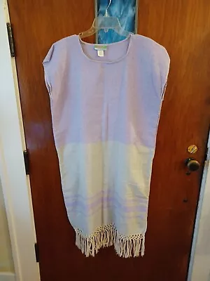 Nativa Mexican Dress Woven Lavender Gray Off-White Fringe Caftan M L Midi • $14.99