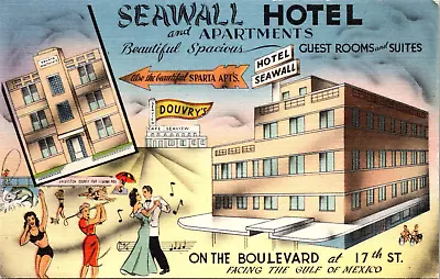 Galveston Texas - Seawall Hotel & Apartments - Deco - Vintage Linen Postcard • $4.99