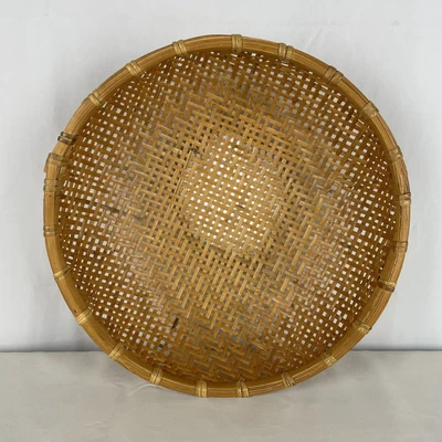 $18.50 • Buy Vintage Asian Woven Bamboo Winnowing Basket Large Mid Century Gathering Bowl