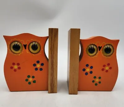 Vintage 70's Wood Retro Orange Flower Power Owl Bookends With Marble Like Eyes • $26
