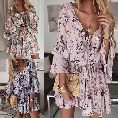 $34.79 • Buy Women Fashion Lace Up Sundress Ladies Long Sleeve Swing Beach A-Line Dresses