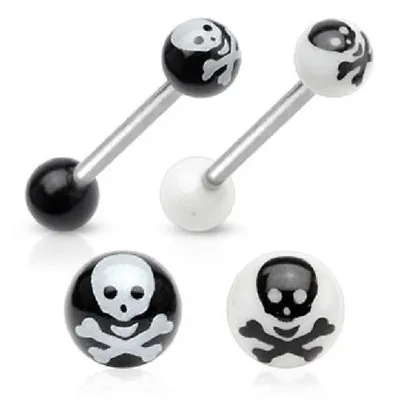 New Surgical Steel With Acrylic Balls Skull Crossbones Tongue Bar Black White • £2.83