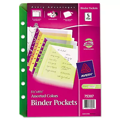 Avery Small Binder Pockets Standard 7-Hole Punched Assorted 5 1/2 X 9 1/4 5/Pack • $8.65