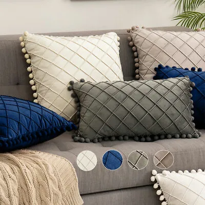 £9.95 • Buy Luxury Velvet Check Pom Poms Cushion Cover Soft Pillow Case Sofa Bed Home Decor