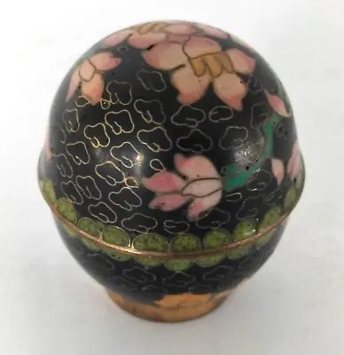 Vintage Cloisonne Enamel Trinket Box Pill Box Black Pink Floral Egg Shaped • $19.99