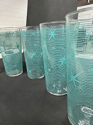 Libbey Vintage Starburst Drinking Glasses Aqua MCM Highball Turquoise Set Of 5 • $55