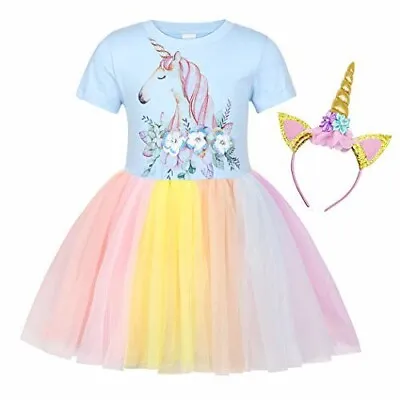 Girl's Unicorn Rainbow Dress Wedding Party Clothes With Unicorn Headband 6-7Y UK • £7.99