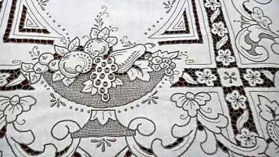 Vintage Madeira Embroidery Cotton Tablecloth 101x69  Ornate Fruit Beige/White • $175