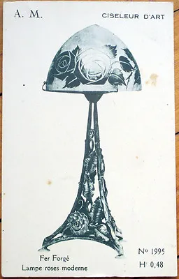 1920 French Art Nouveau Glass Lamp Advertising Postcard - Galle/Muller/Roses • £14.47