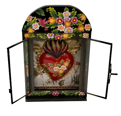 WOOD Sacred Heart NICHO Mexican Corazon Shadowbox Hand Painted Nicho • $88