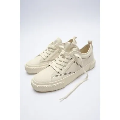 $45 • Buy NWT Zara Canvas Trainers Lace Up Sneakers Topstitching Detail Ivory Size 37