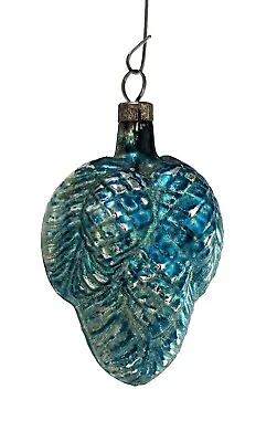 Vtg Blown Glass Bumpy ACORN Cluster On Leaf Outdent Ornament Blue Germany 2 1/4  • $44.95