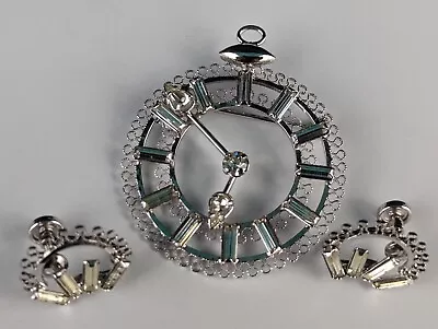 VTG Sterling STAR-ART Rhinestone Clock Brooch/Pendant & Clip Earrings 925 Silver • $50