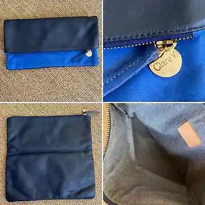 Clare V. Vivier Colorblock Fold-Over Leather Clutch Bag Cobalt Blue Black Flawed • $125